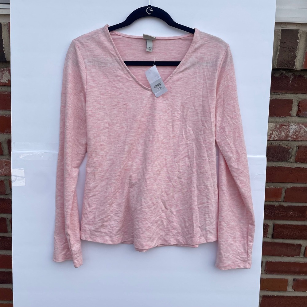 A New Day Womens Pink Space Dye V-Neck Long Sleeve Tie Back Top Small NWT